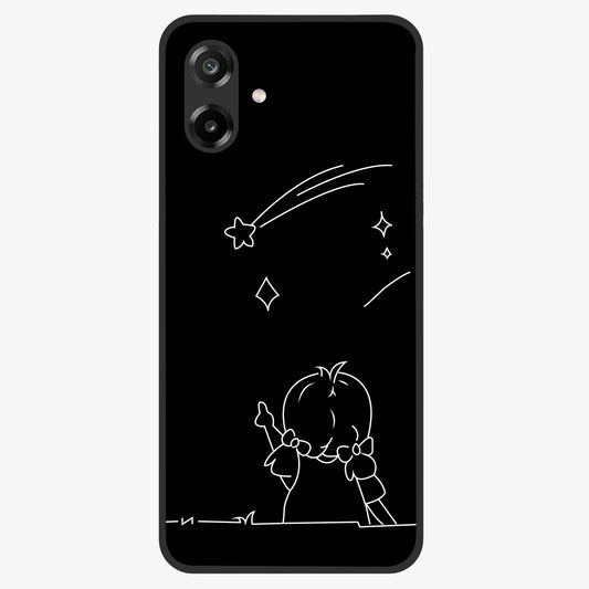 Line Art Girl With Shooting Stars Glass Case showing flat back view with minimal line art girl and shooting stars illustration and glossy glass finish.