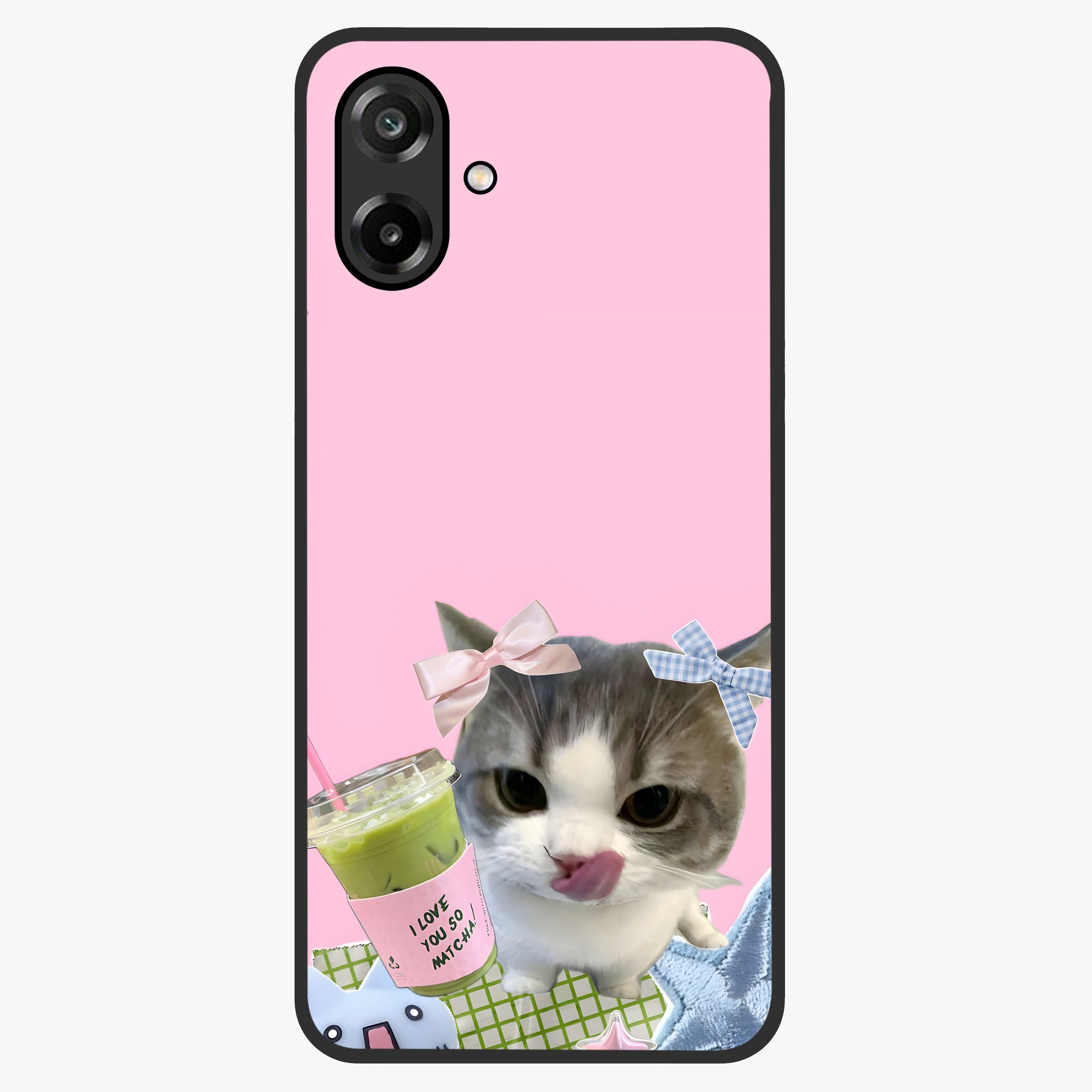 Love Matcha Cat Glass Case showing flat back view with cute cat and matcha themed artwork and glossy glass finish.