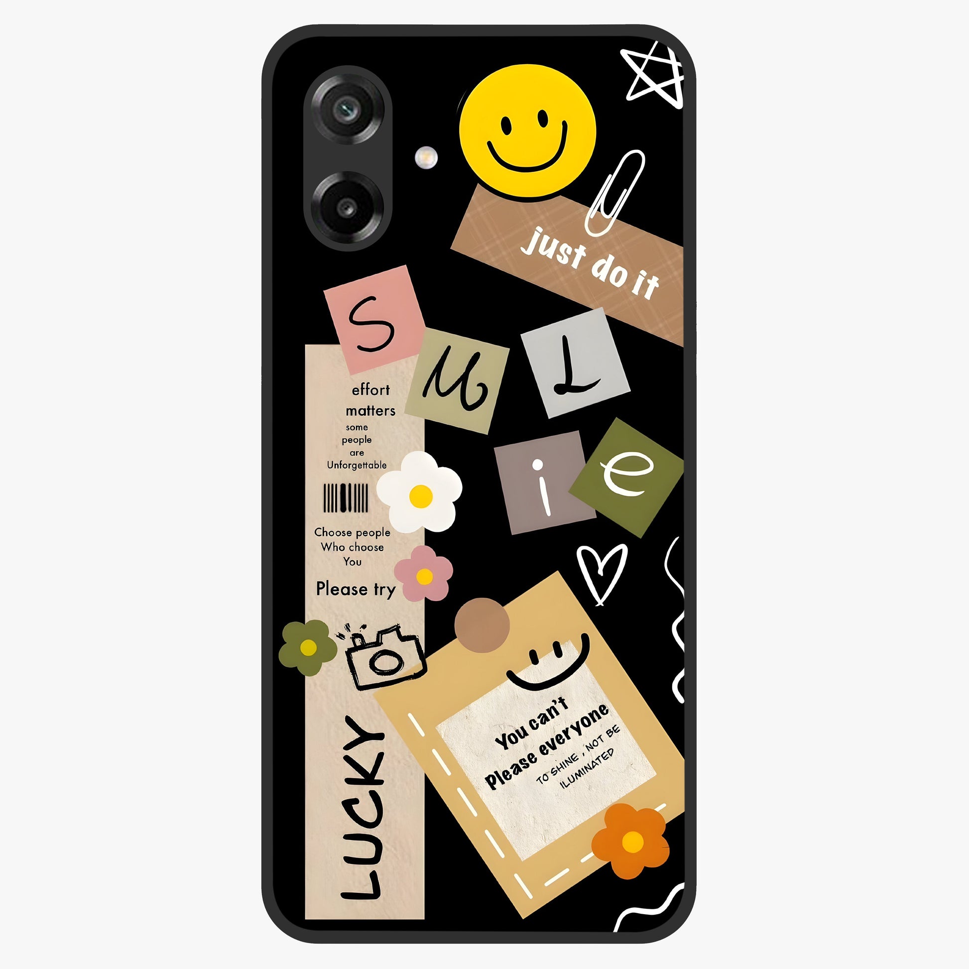 Lucky Aesthetic Collage Glass Case showing flat back view with trendy aesthetic collage artwork and glossy glass finish.