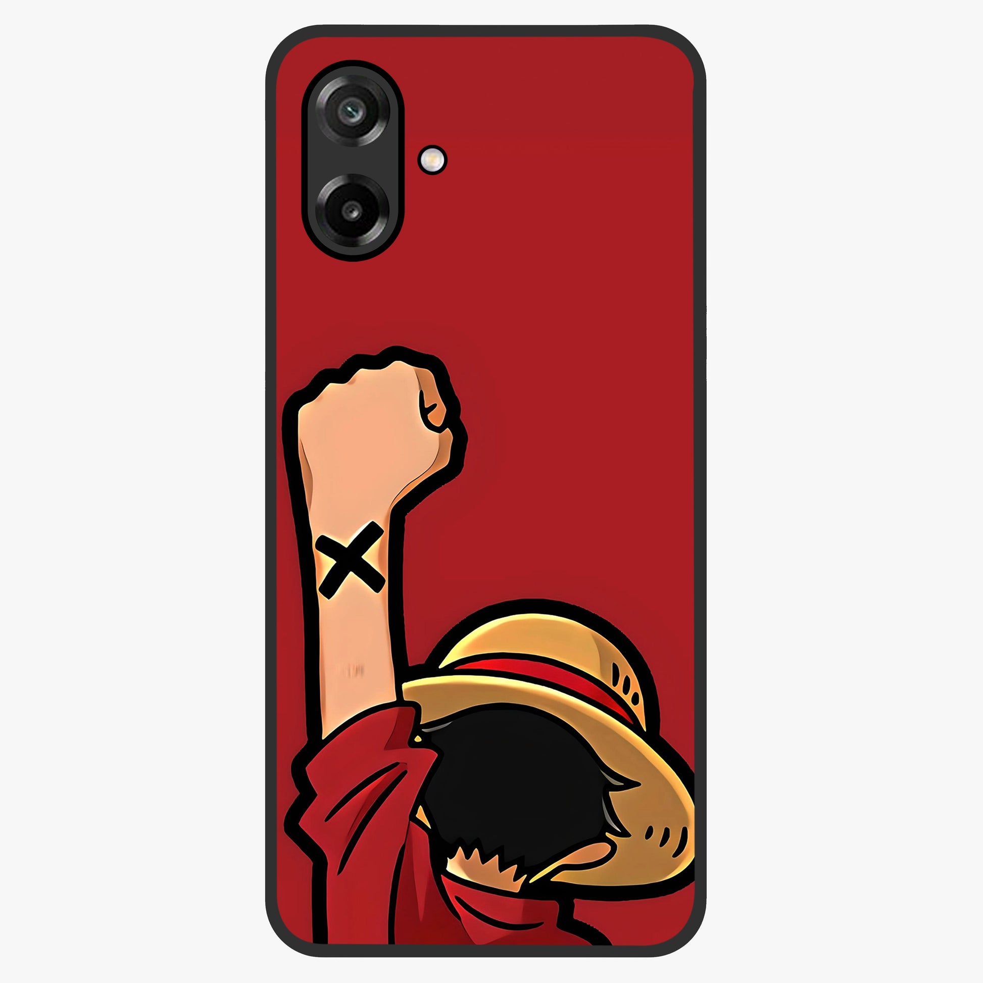 Luffy X Spirit Glass Case showing flat back view with bold anime character artwork and glossy glass finish.