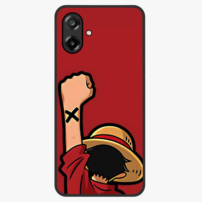 Luffy X Spirit Glass Case showing flat back view with bold anime character artwork and glossy glass finish.