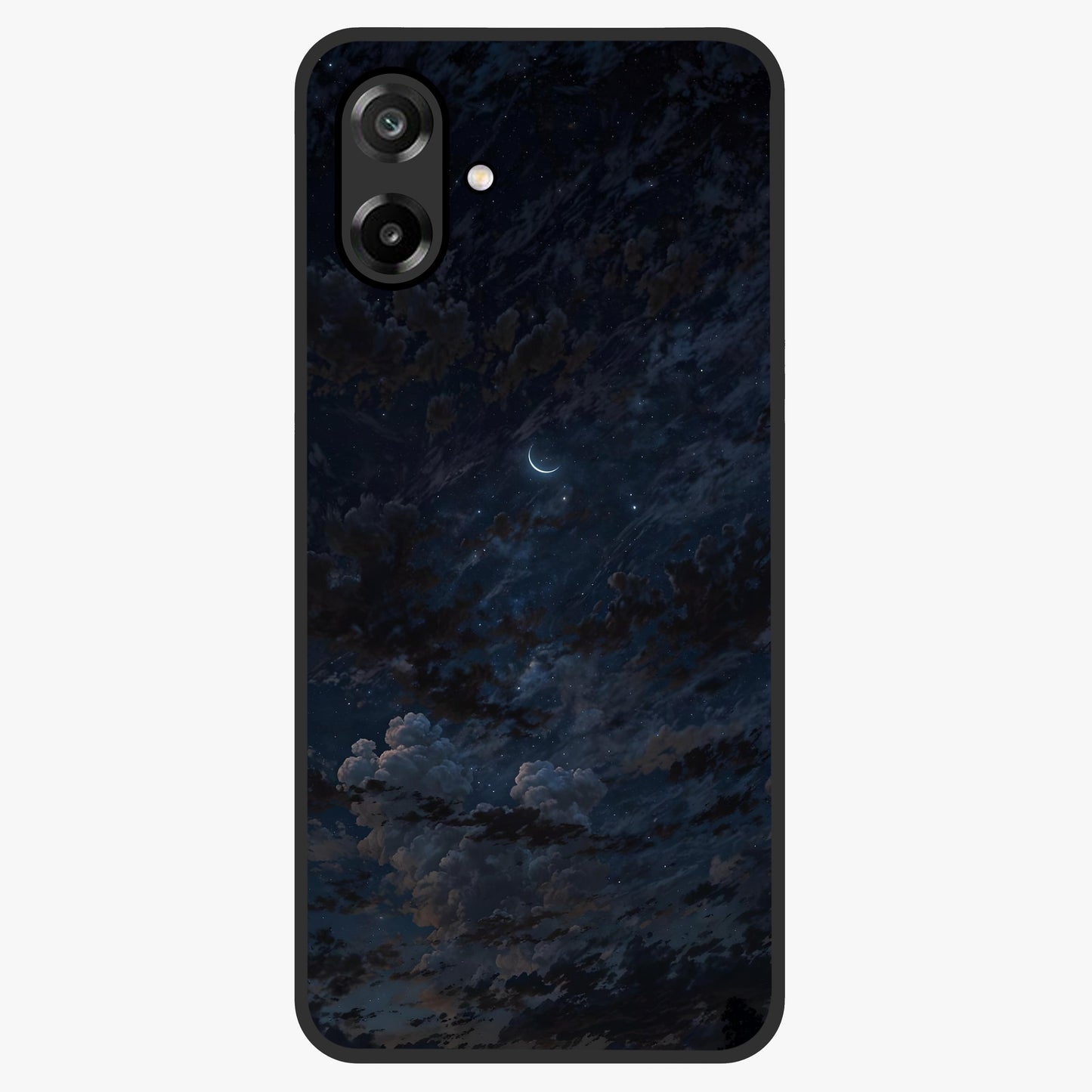 Lunar Veil Silence Glass Case showing flat back view with mystical moon veil artwork and glossy glass finish.
