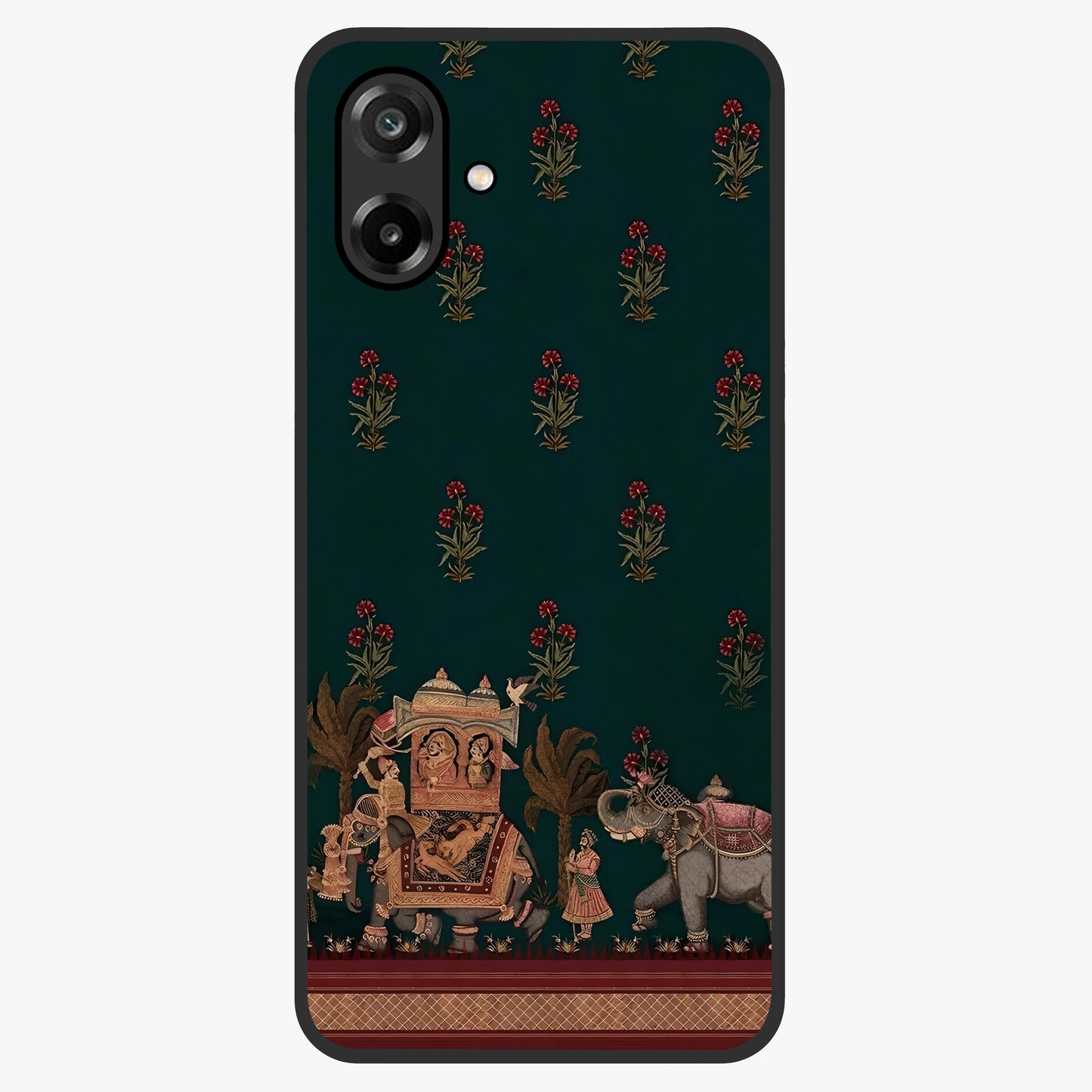 Macmerise Glass Case showing flat back view with stylish modern artwork and glossy glass finish.