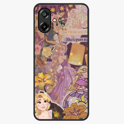 Magical Tangled Dream Glass Case showing flat back view with dreamy tangled artwork and glossy glass finish.