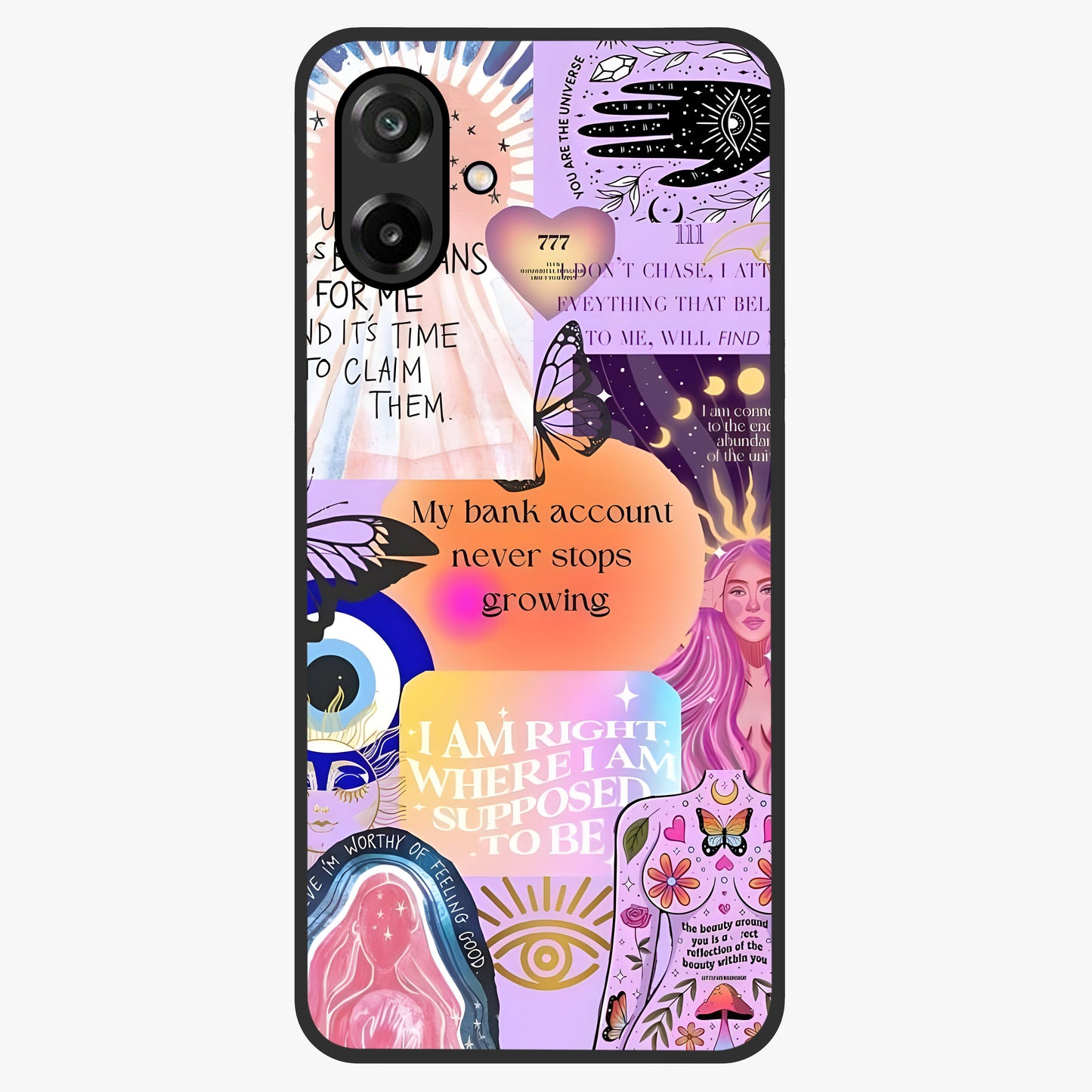 Manifestation Collage Glass Case showing flat back view with motivational collage artwork and glossy glass finish.