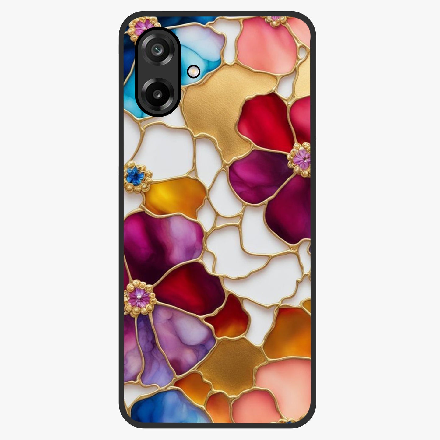 Marble Flower Pattern Glass Case showing flat back view with marble texture floral artwork and glossy glass finish.