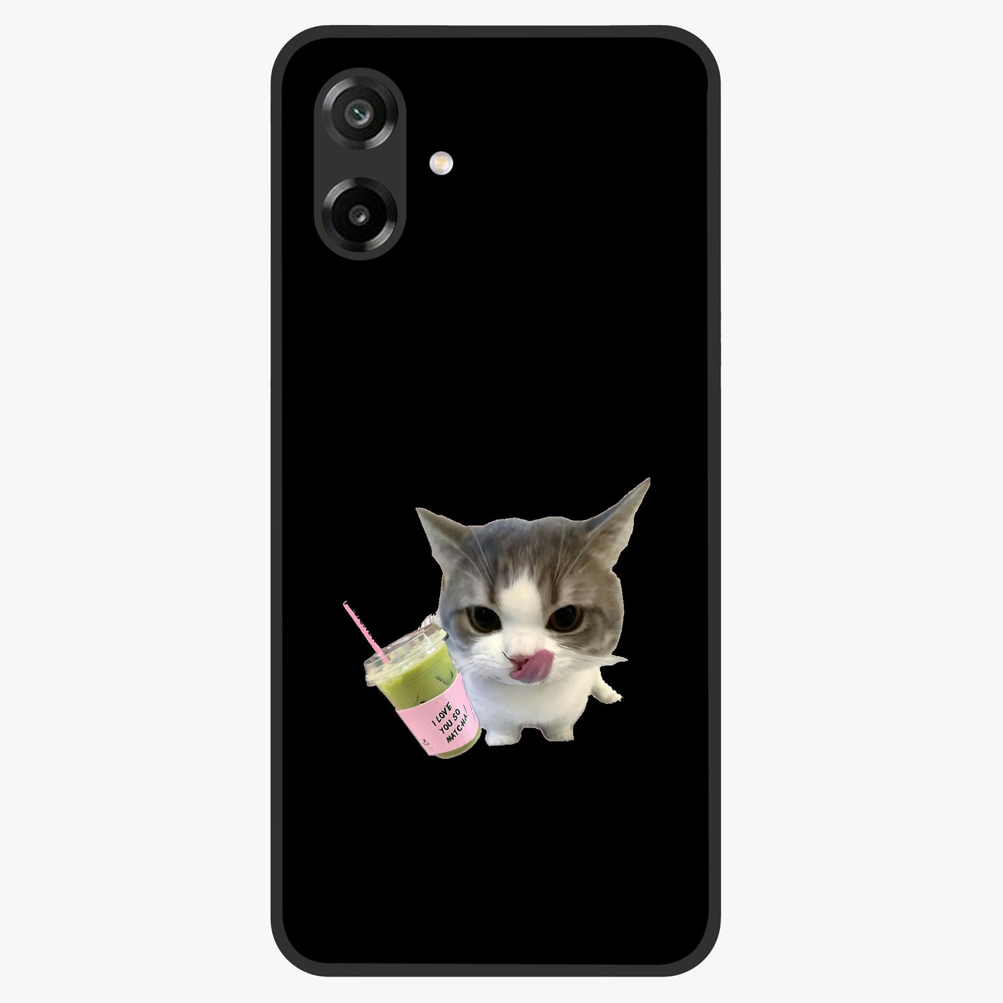 Matcha Cat Style Glass Case showing flat back view with cute matcha themed cat artwork and glossy glass finish.