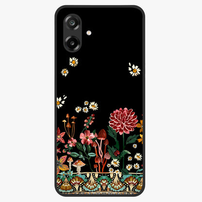 Midnight Bloom Pattern Glass Case showing flat back view with dark floral pattern artwork and glossy glass finish.