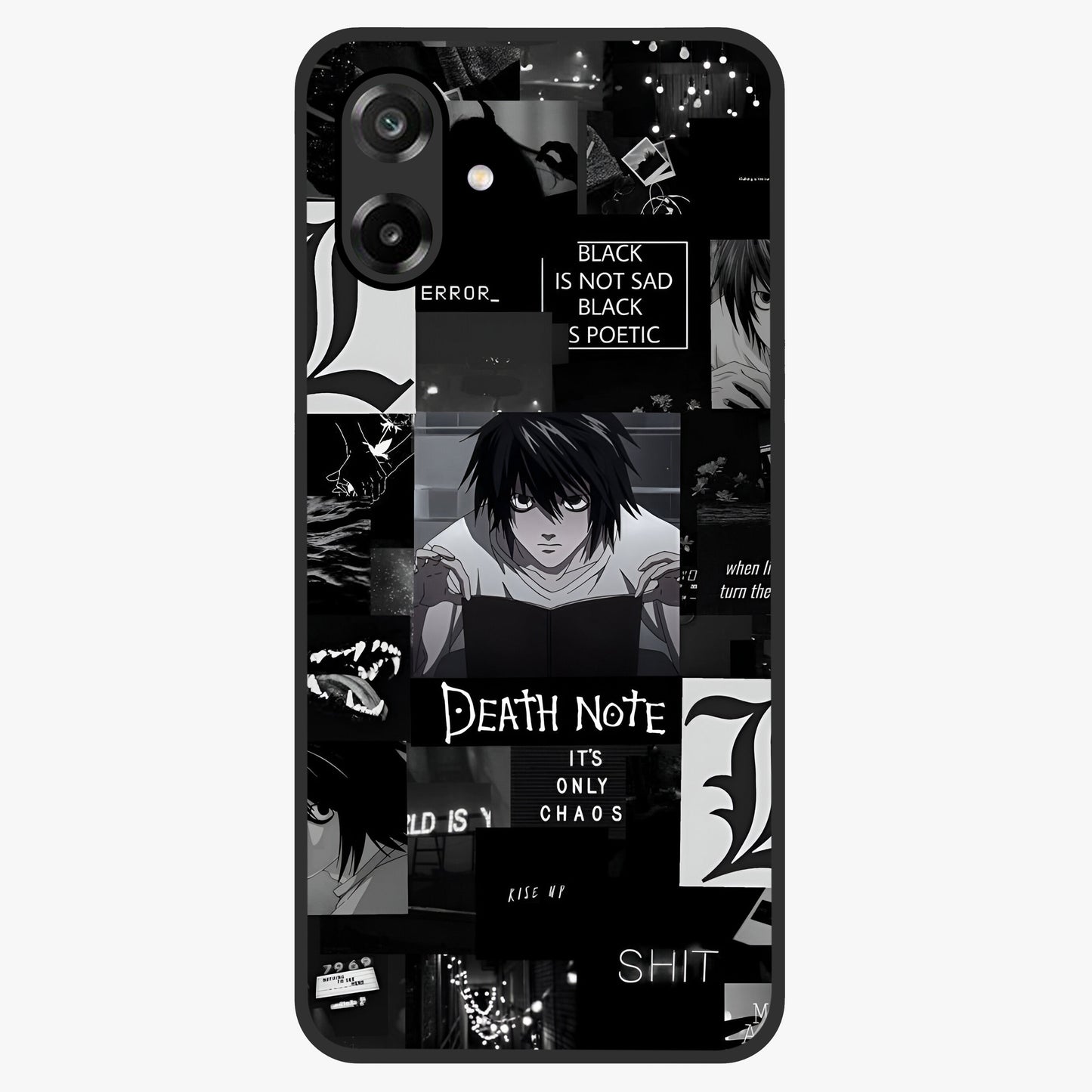 Midnight Chaos Mind Glass Case showing flat back view with abstract dark themed artwork and glossy glass finish.
