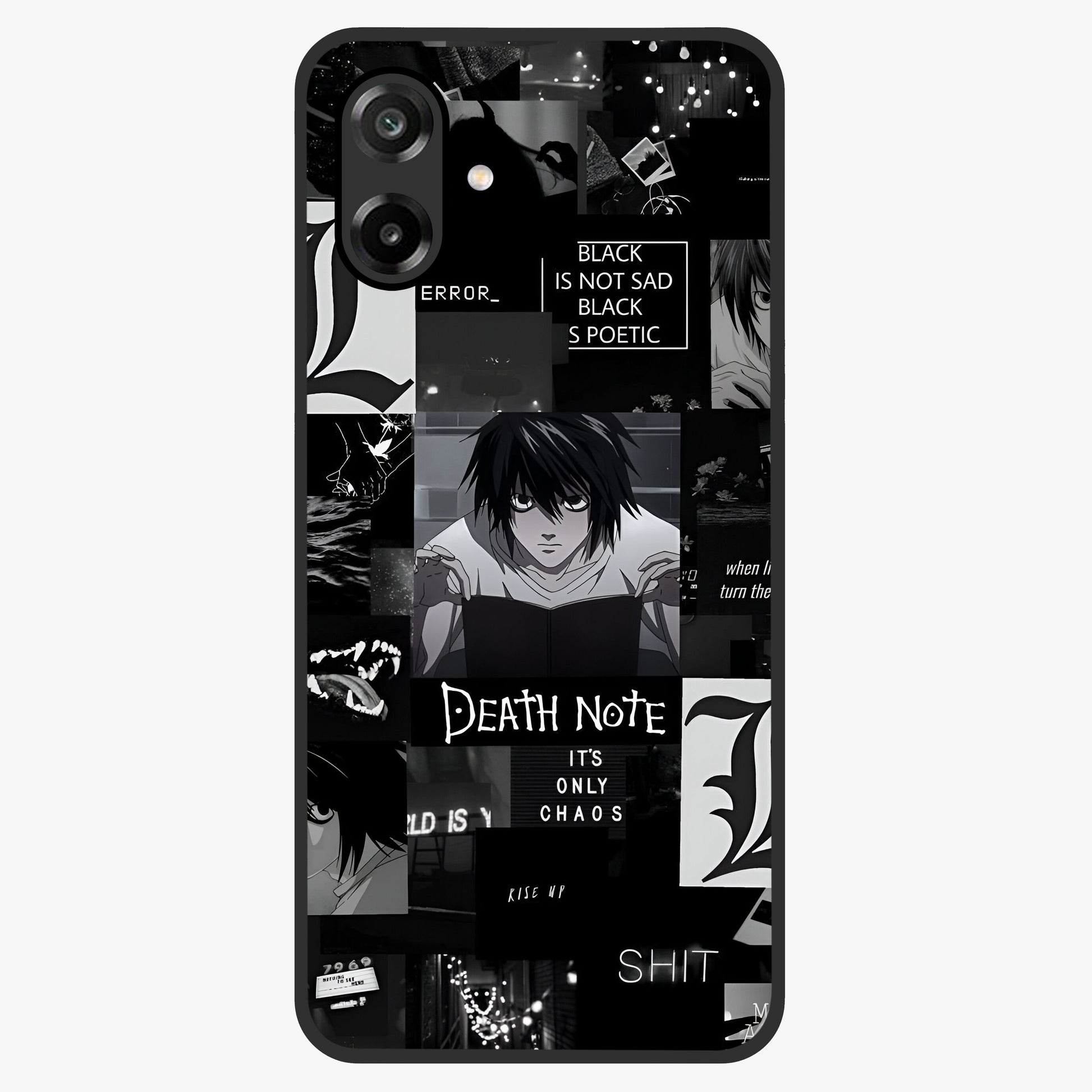 Midnight Chaos Mind Glass Case showing flat back view with abstract dark themed artwork and glossy glass finish.