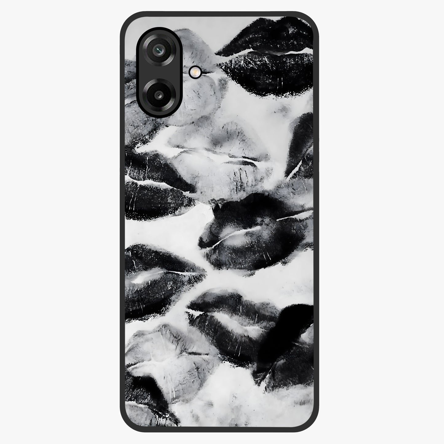 Midnight Kiss Marks Glass Case showing flat back view with lipstick kiss mark artwork and glossy glass finish.