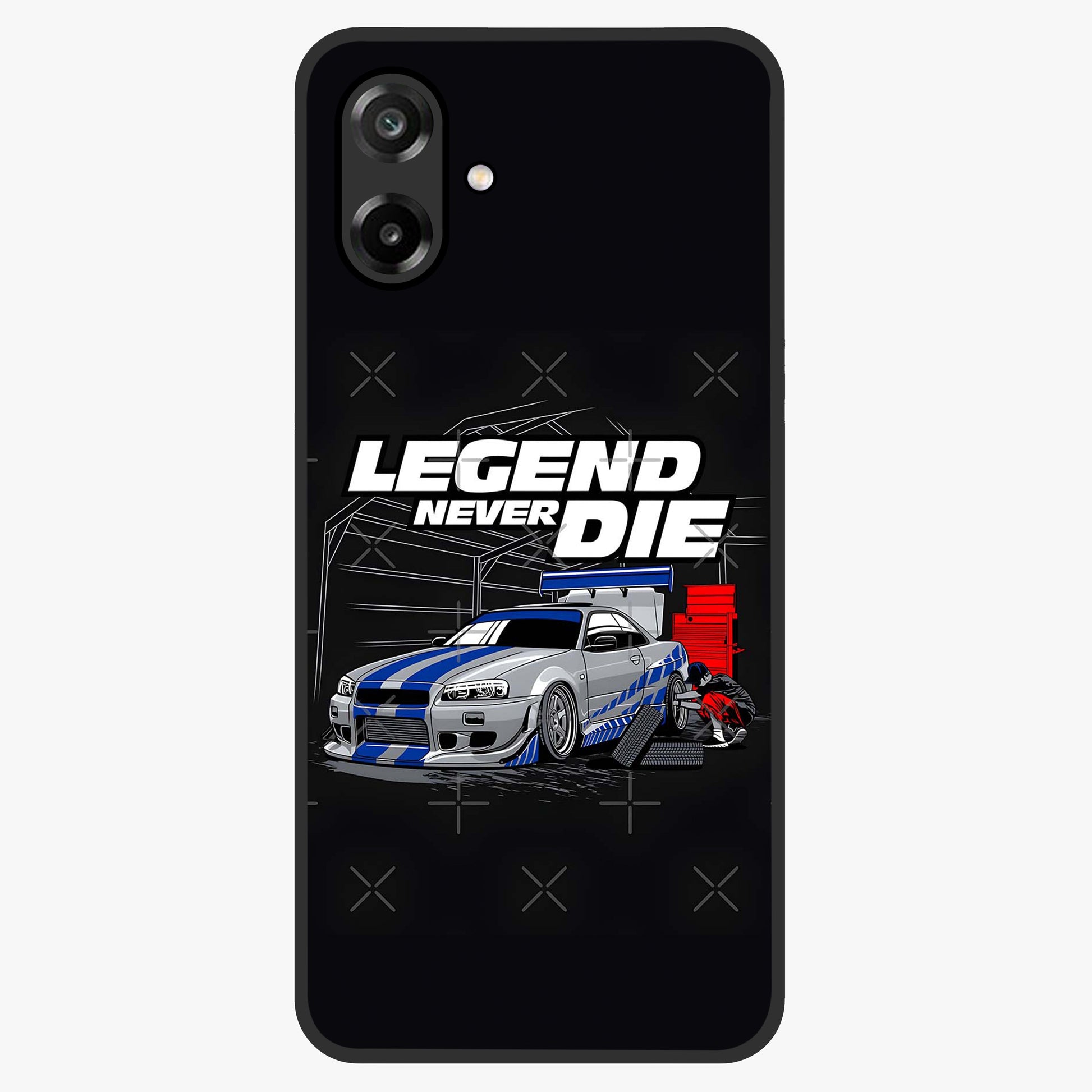Midnight Racing Legacy Glass Case showing flat back view with sleek racing inspired artwork and glossy glass finish.