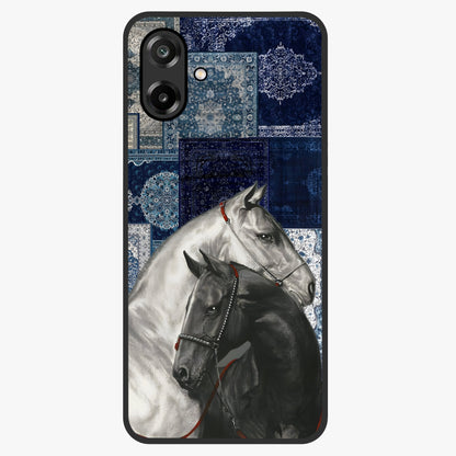 Midnight Stallion Blues Glass Case showing flat back view with majestic horse artwork and glossy glass finish.