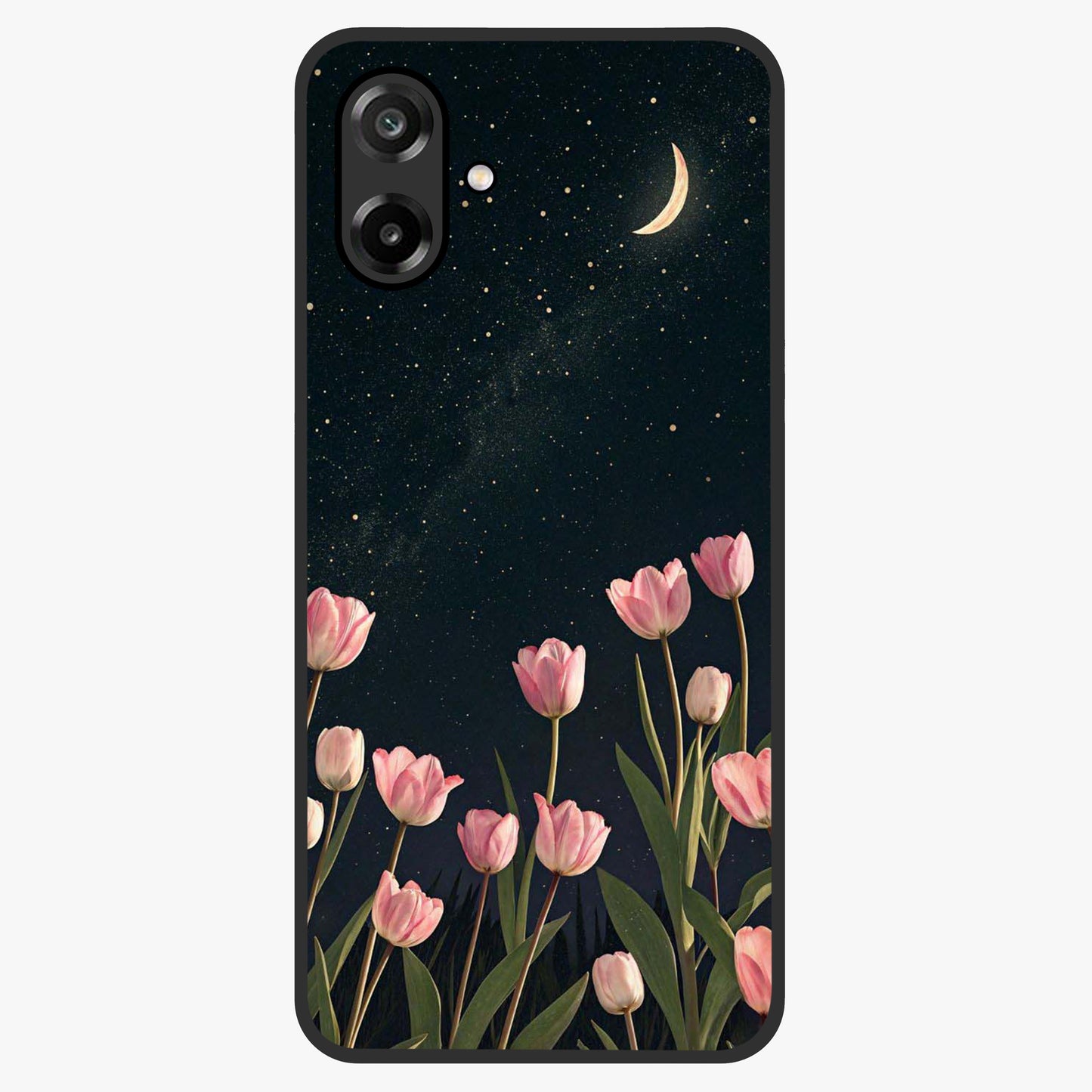 Midnight Tulip Whispers Vibe Glass Case showing flat back view with elegant tulip flower artwork and glossy glass finish.