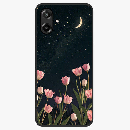 Midnight Tulip Whispers Vibe Glass Case showing flat back view with elegant tulip flower artwork and glossy glass finish.