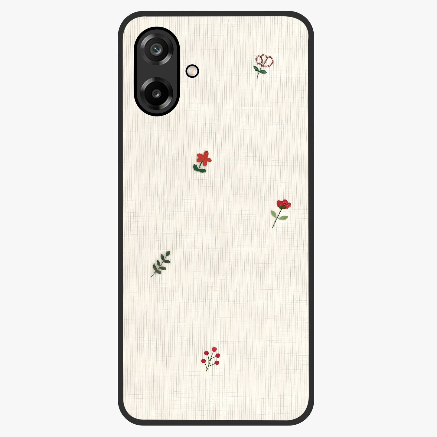 Minimal Petal Whispers Glass Case showing flat back view with soft minimal floral artwork and glossy glass finish.