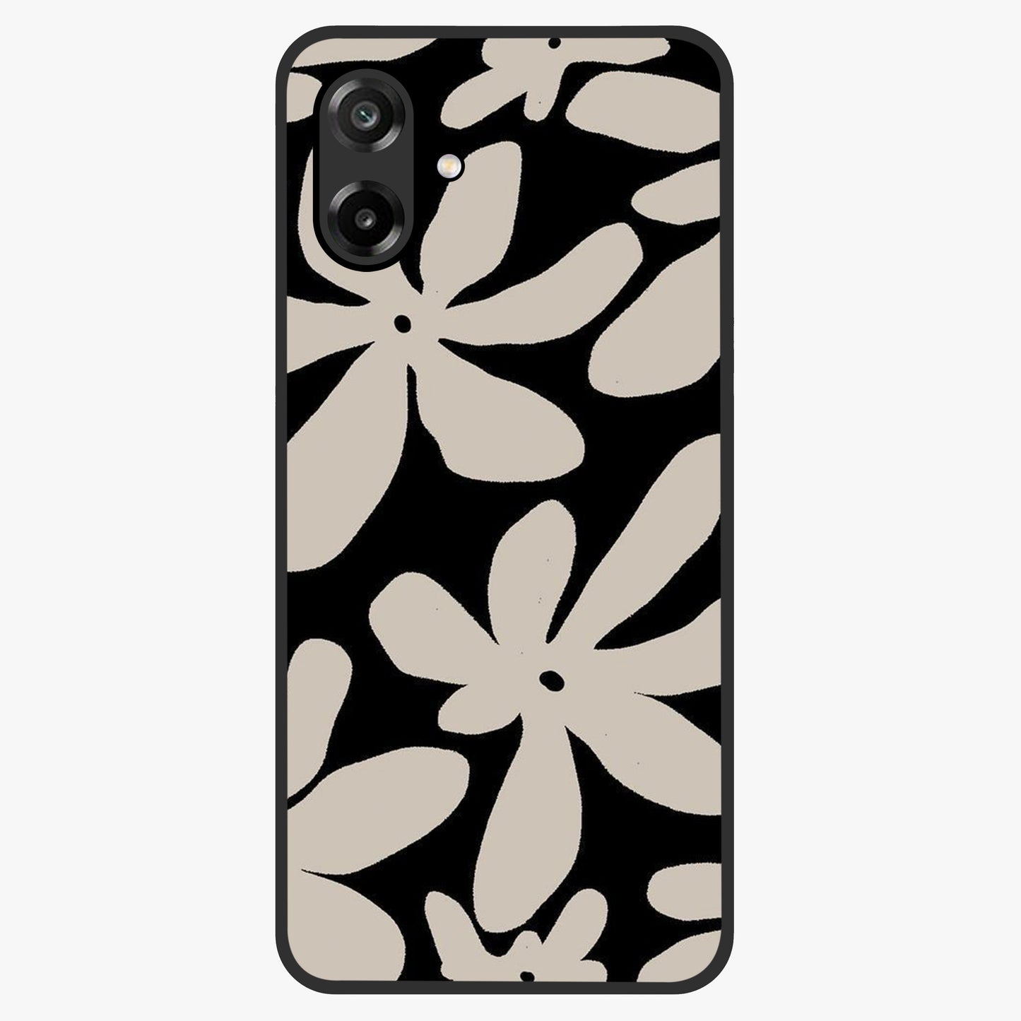 Monochrome Petal Dance Glass Case showing flat back view with monochrome floral artwork and glossy glass finish.