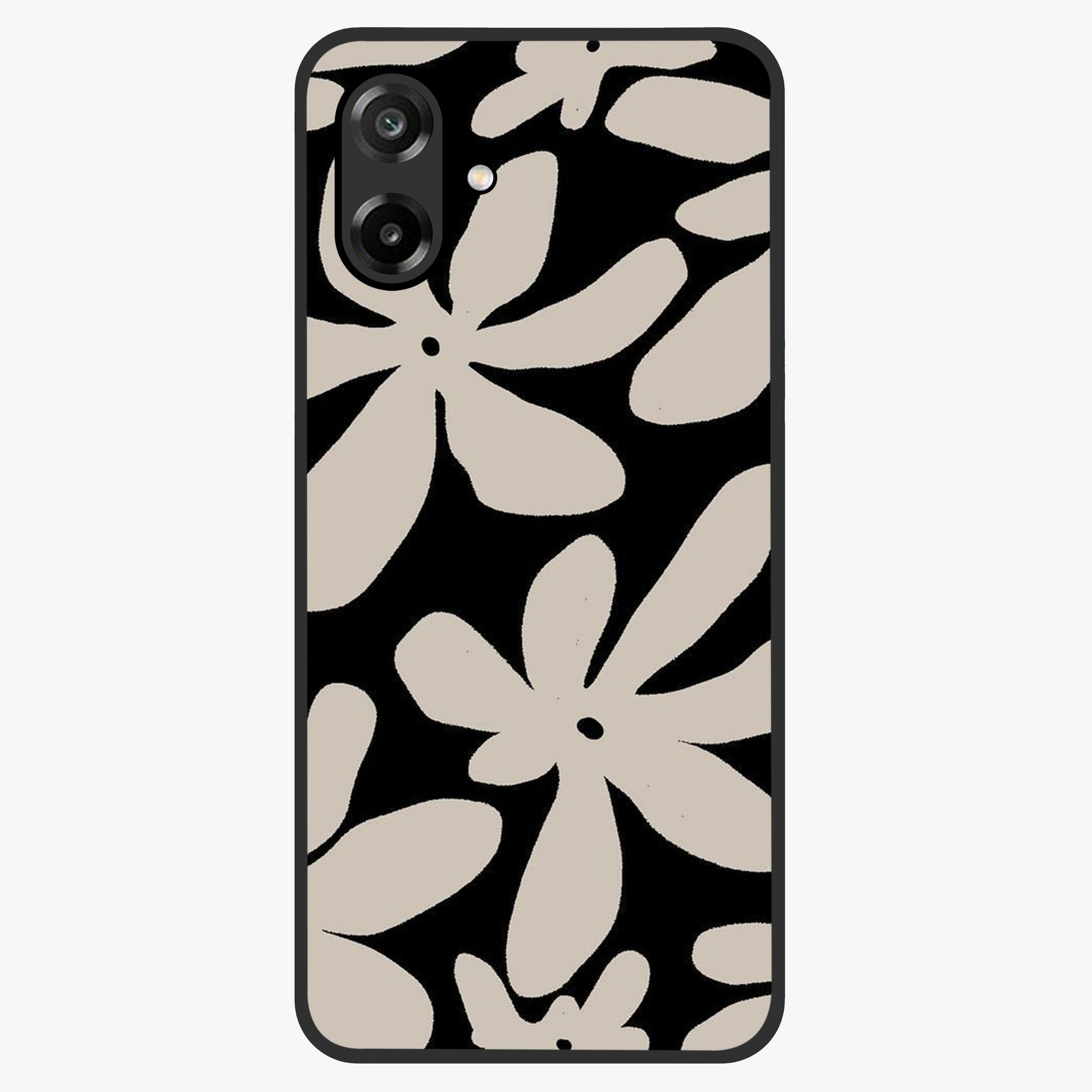 Monochrome Petal Dance Glass Case showing flat back view with monochrome floral artwork and glossy glass finish.