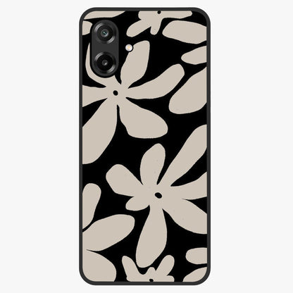 Monochrome Petal Dance Glass Case showing flat back view with monochrome floral artwork and glossy glass finish.