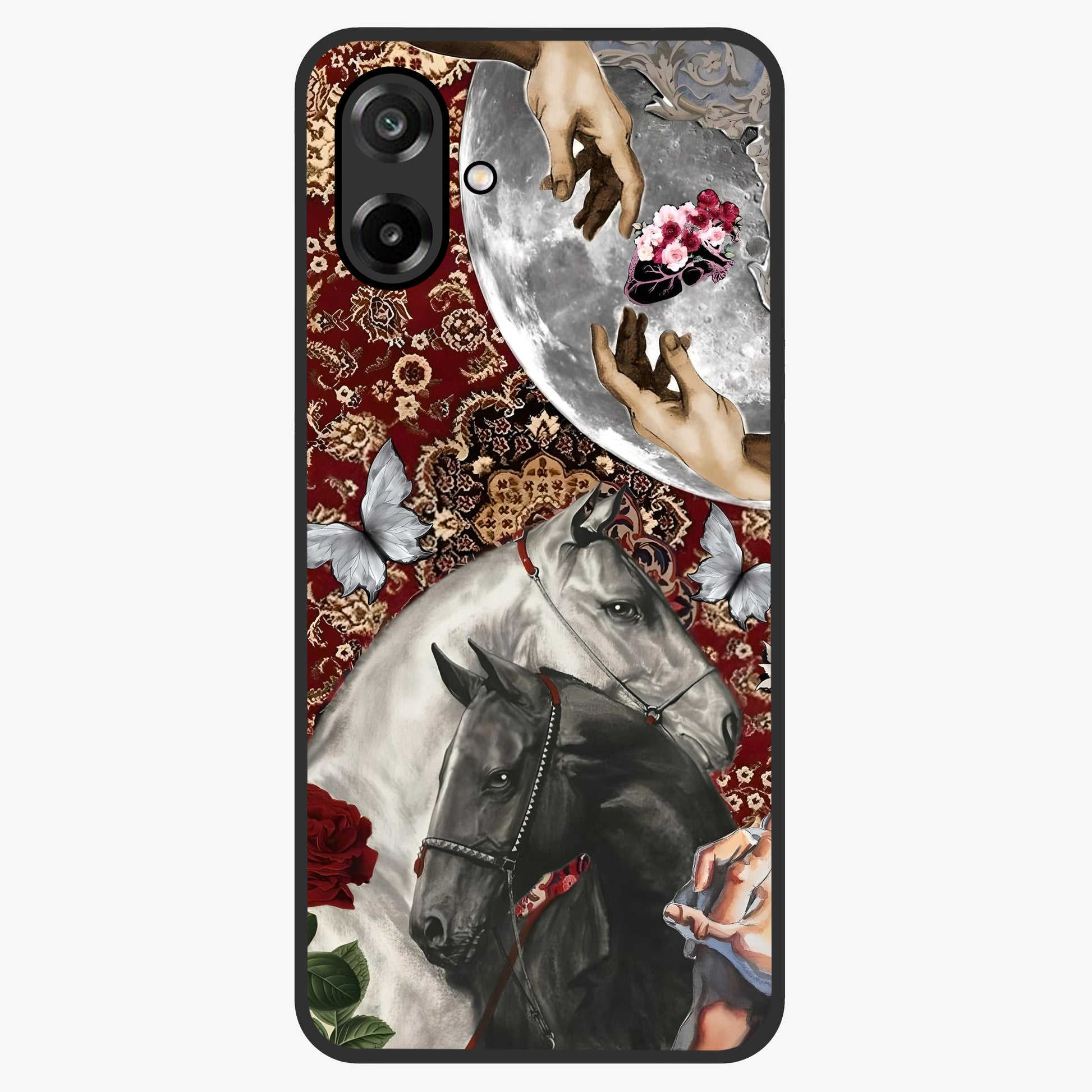 Moonlit Royal Stallion Glass Case showing flat back view with majestic horse under moonlight artwork and glossy glass finish.