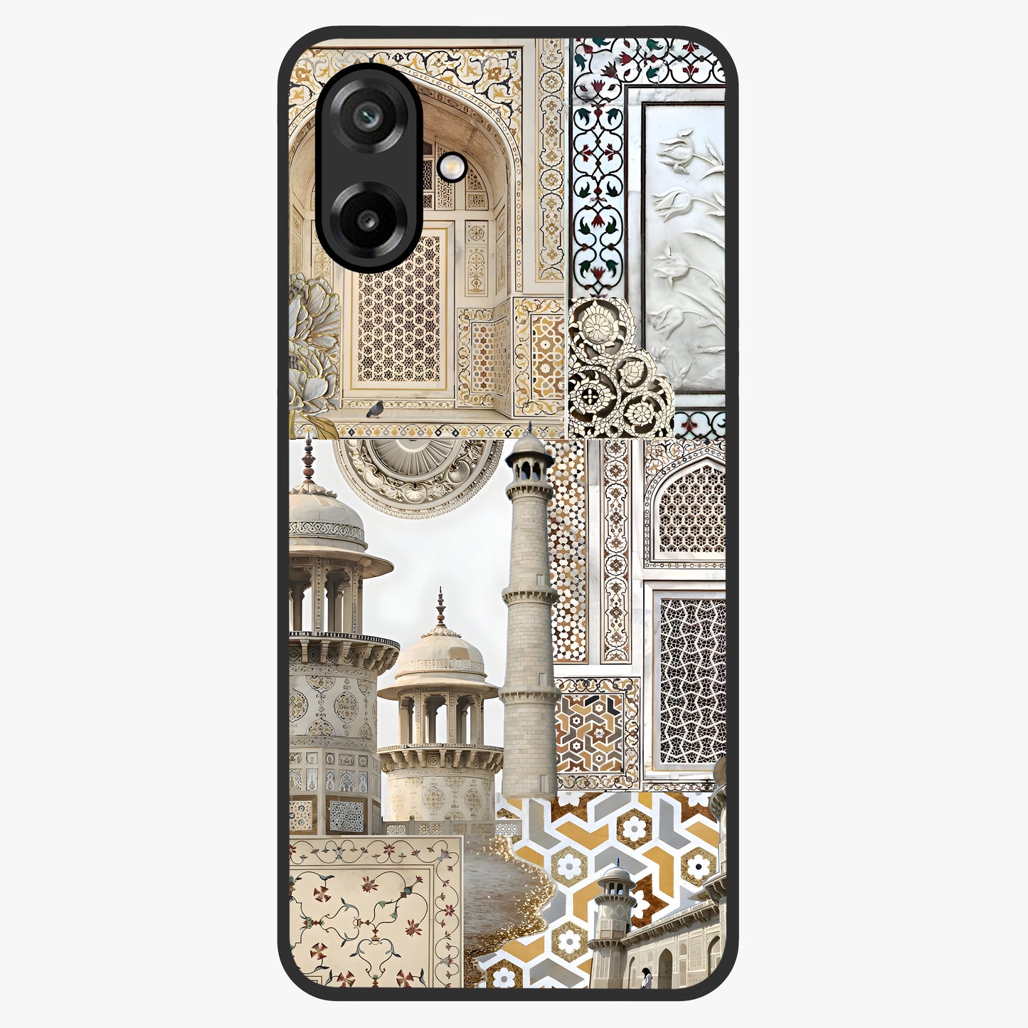 Mughal Marble Legacy Glass Case showing flat back view with intricate Mughal inspired marble pattern and glossy glass finish.