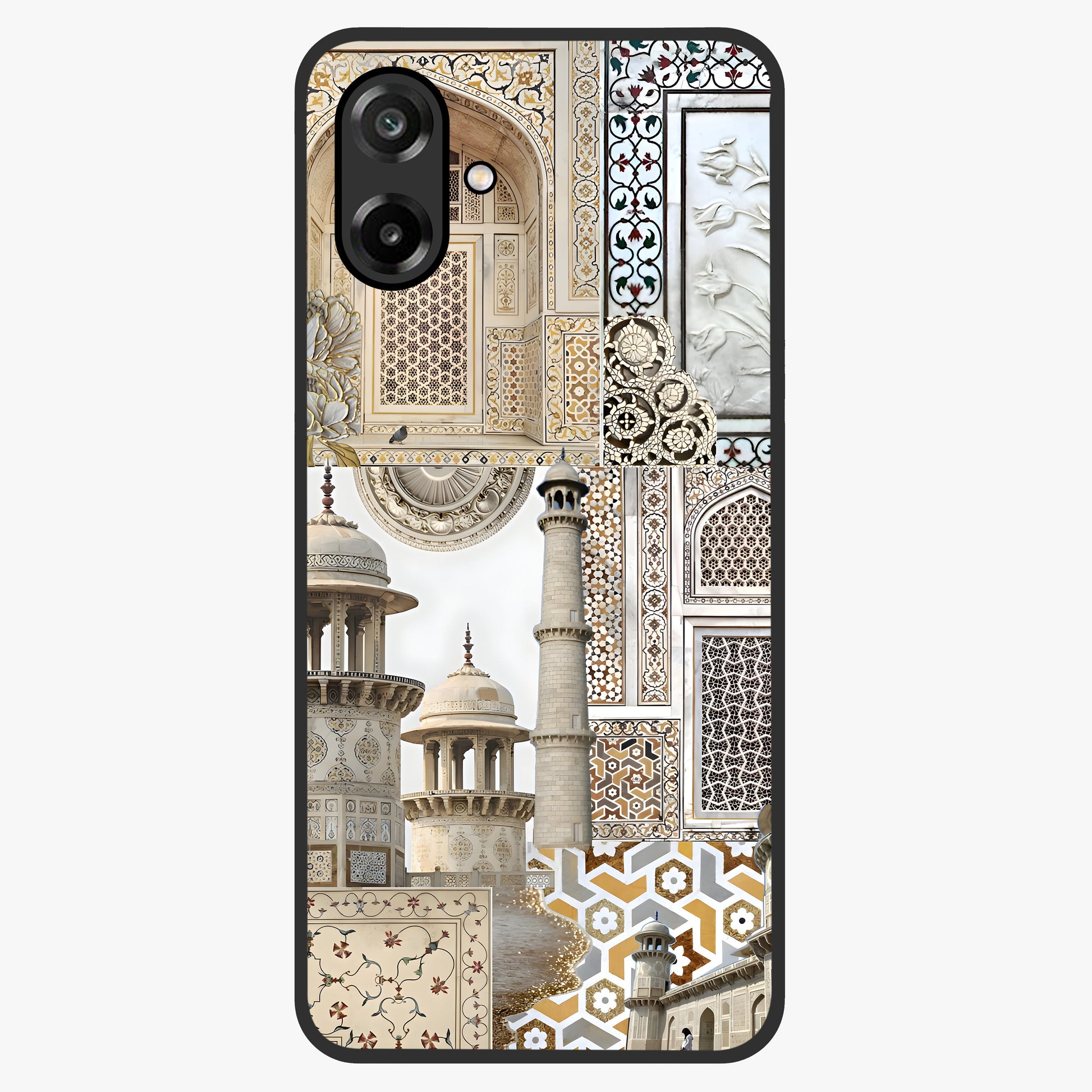 Mughal Marble Legacy Glass Case showing flat back view with intricate Mughal inspired marble pattern and glossy glass finish.