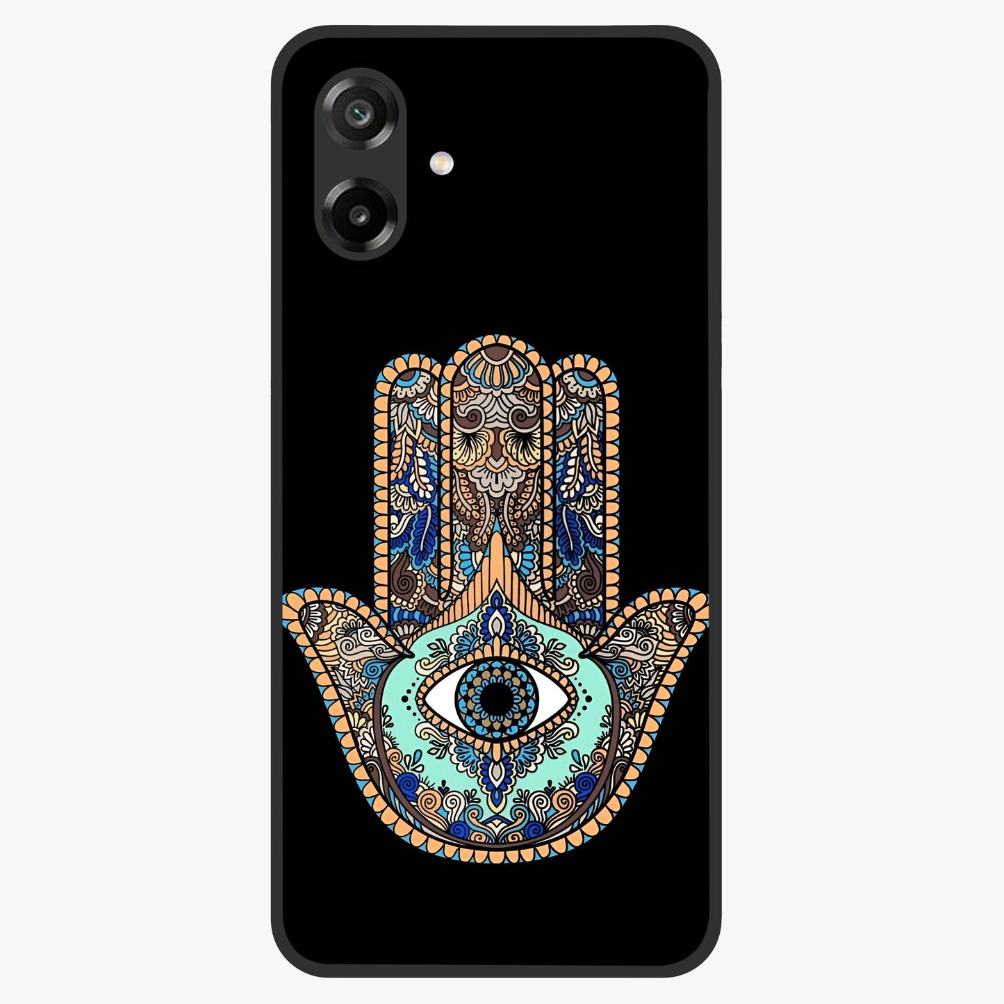 Mystic Hamsa Eye Glass Case showing flat back view with protective hamsa hand and evil eye artwork and glossy glass finish.