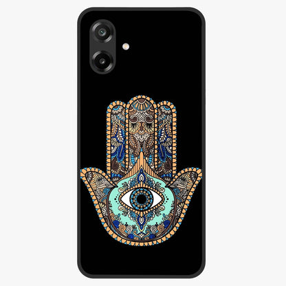 Mystic Hamsa Eye Glass Case showing flat back view with protective hamsa hand and evil eye artwork and glossy glass finish.