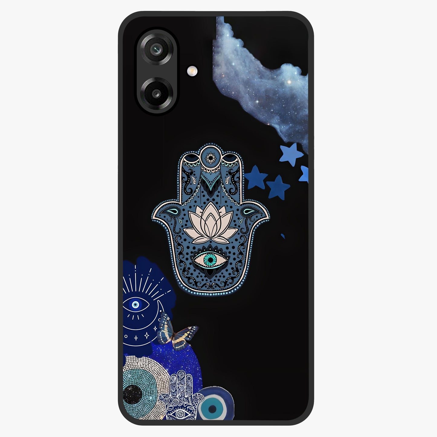 Mystic Hand Aura Glass Case showing flat back view with mystical hand symbol artwork and glossy glass finish.