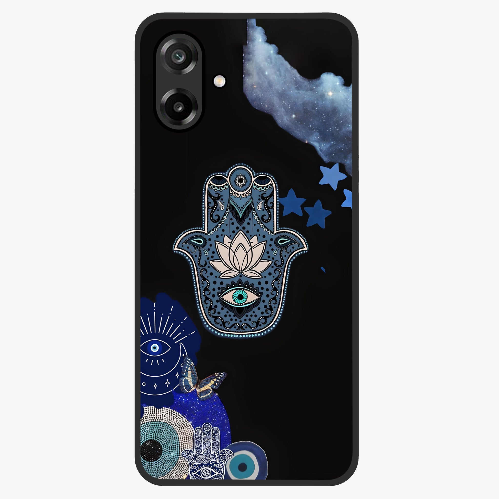 Mystic Hand Aura Glass Case showing flat back view with mystical hand symbol artwork and glossy glass finish.