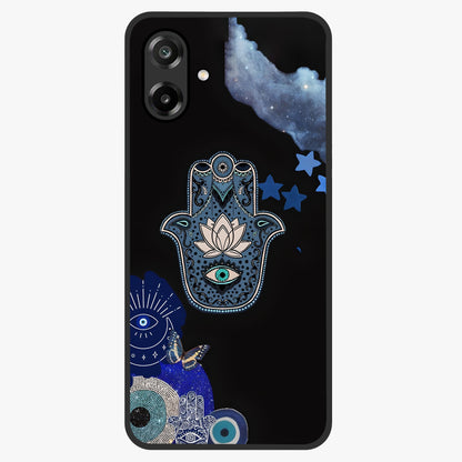 Mystic Hand Aura Glass Case showing flat back view with mystical hand symbol artwork and glossy glass finish.