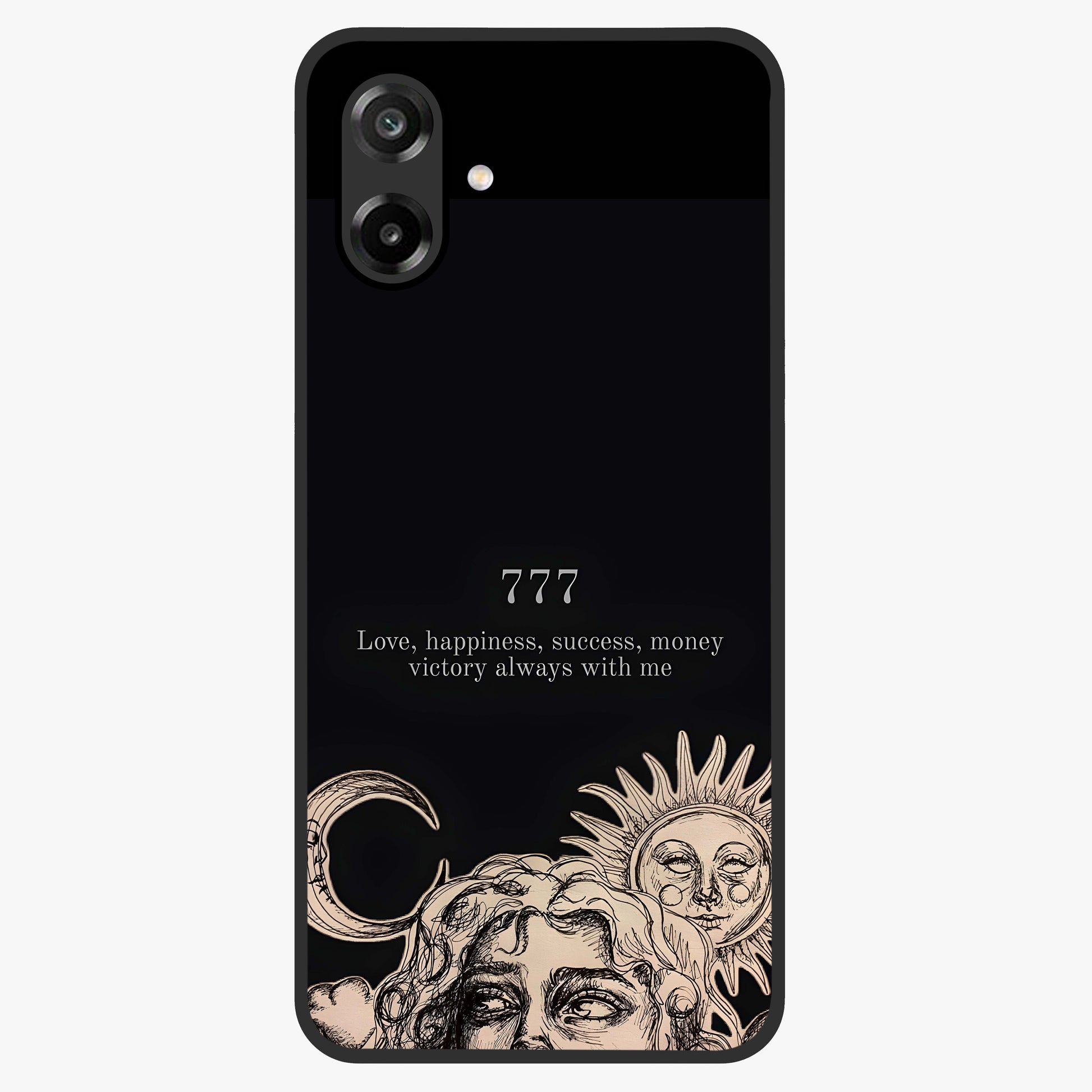 Mystic Victory Aura Glass Case showing flat back view with victory symbol artwork and glossy glass finish.