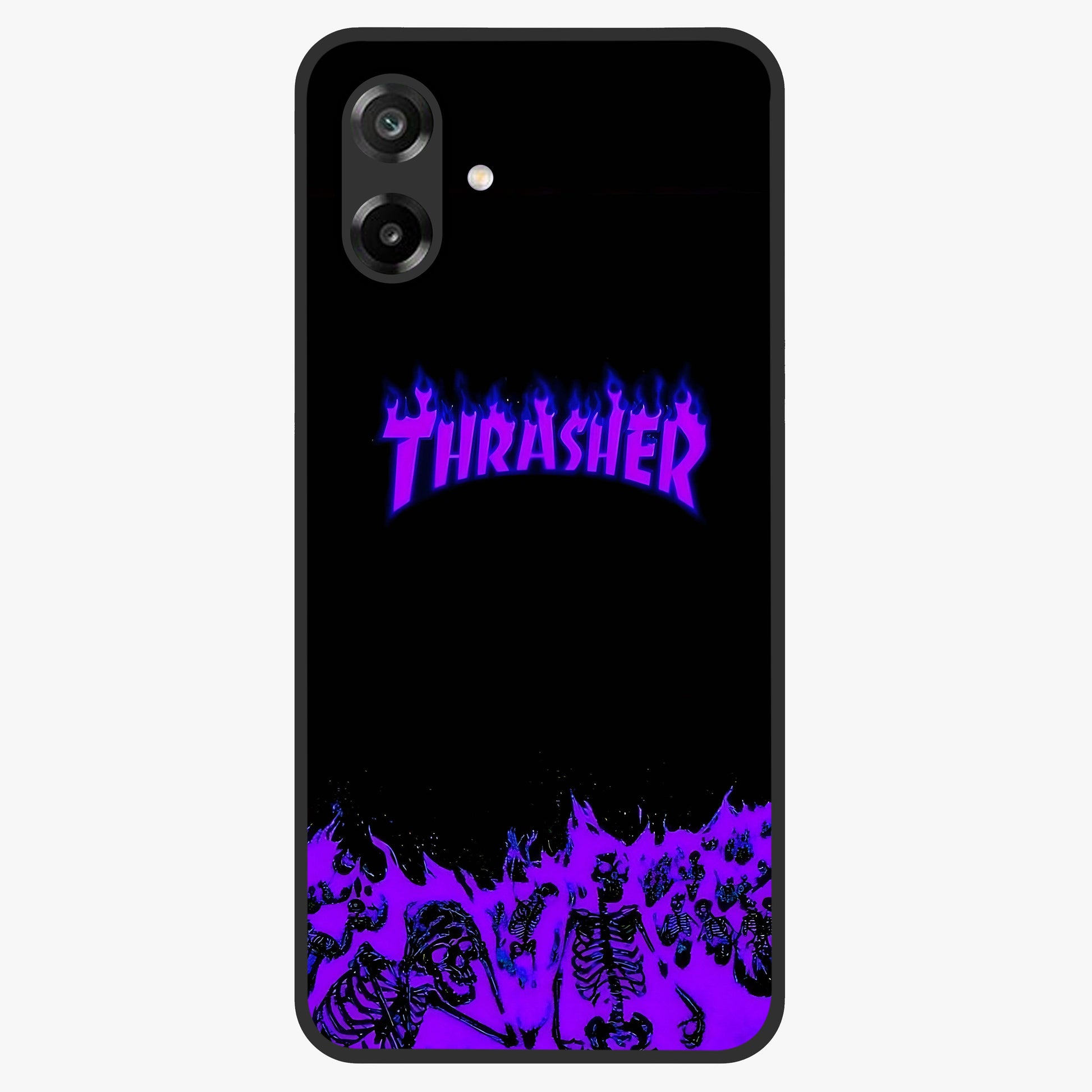 Neon Flame Riot Glass Case showing flat back view with neon flame artwork and glossy glass finish.
