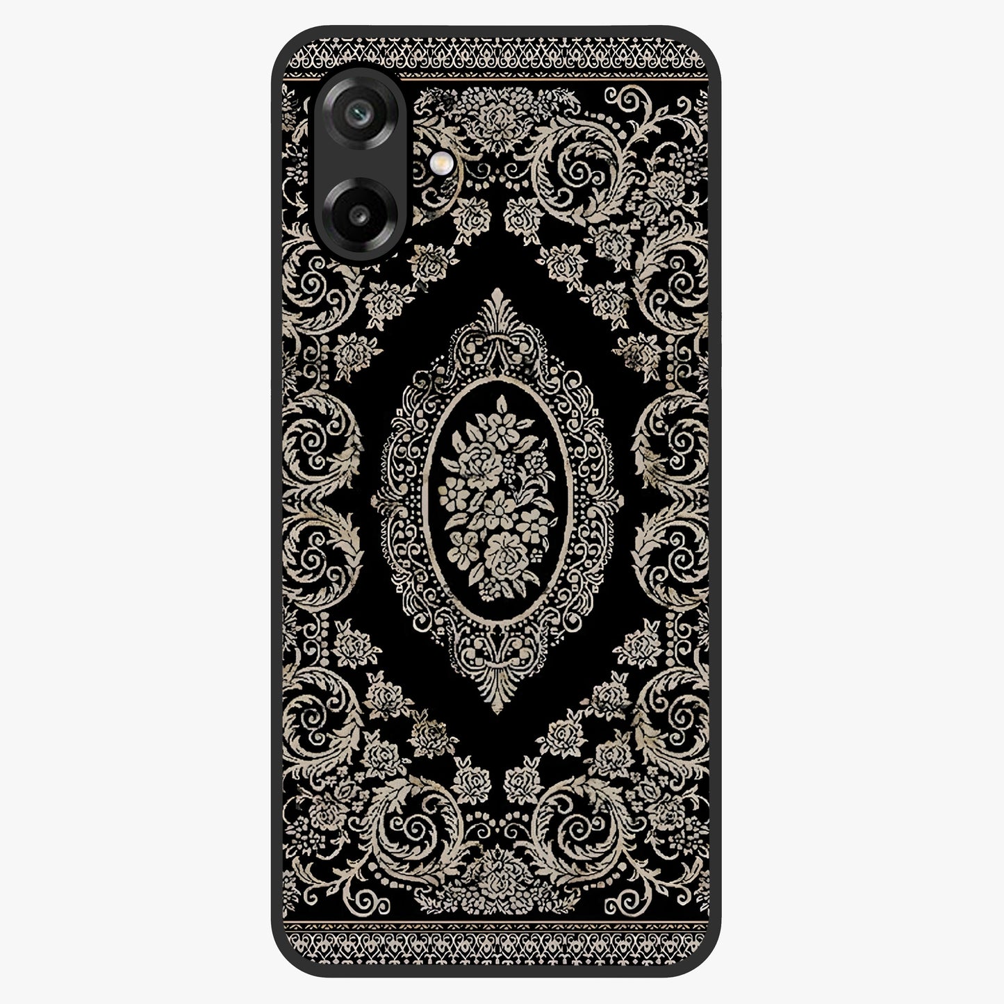Noir Bloom Elegance Glass Case showing flat back view with elegant dark floral artwork and glossy glass finish.