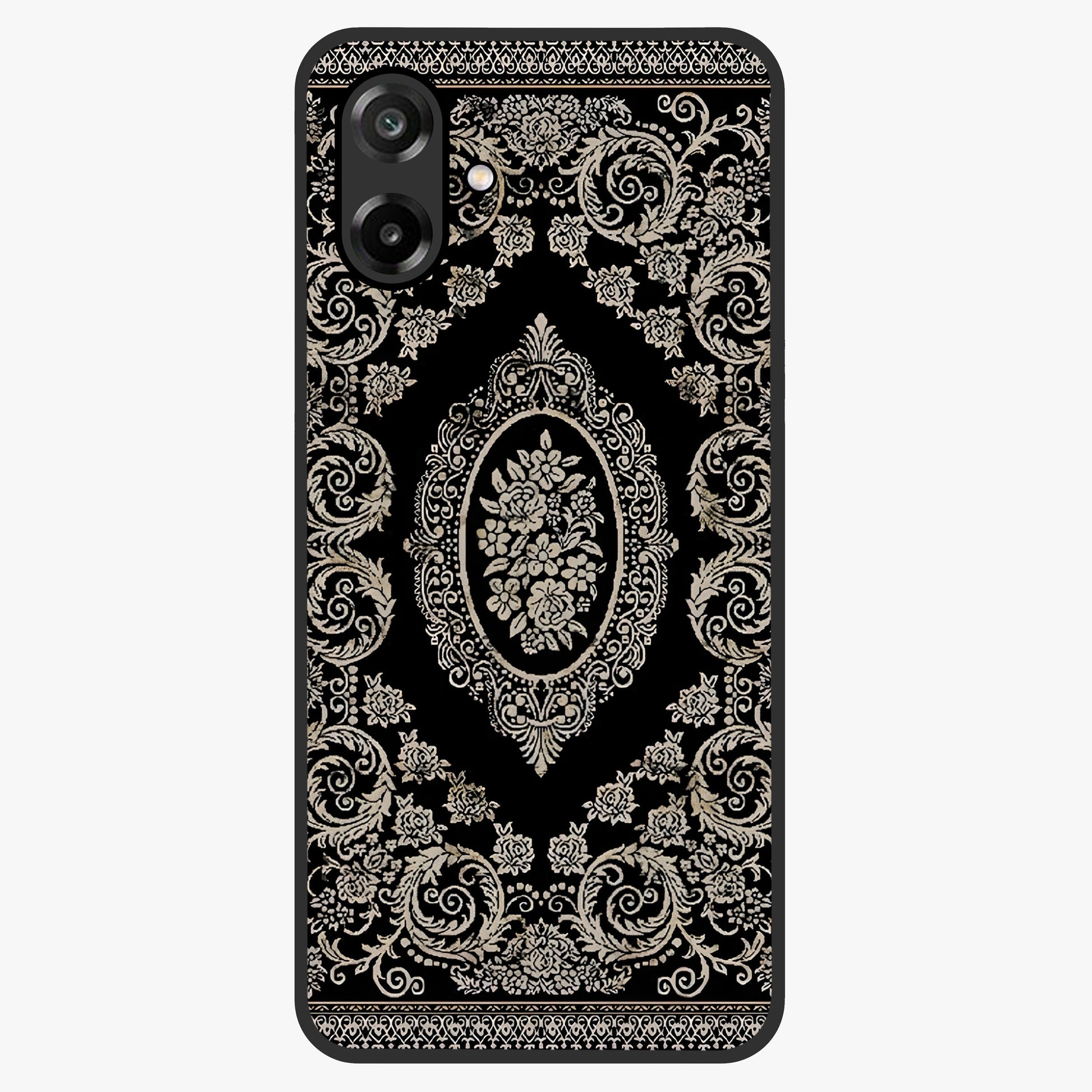 Noir Bloom Elegance Glass Case showing flat back view with elegant dark floral artwork and glossy glass finish.