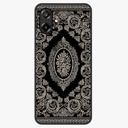 Noir Bloom Elegance Glass Case showing flat back view with elegant dark floral artwork and glossy glass finish.