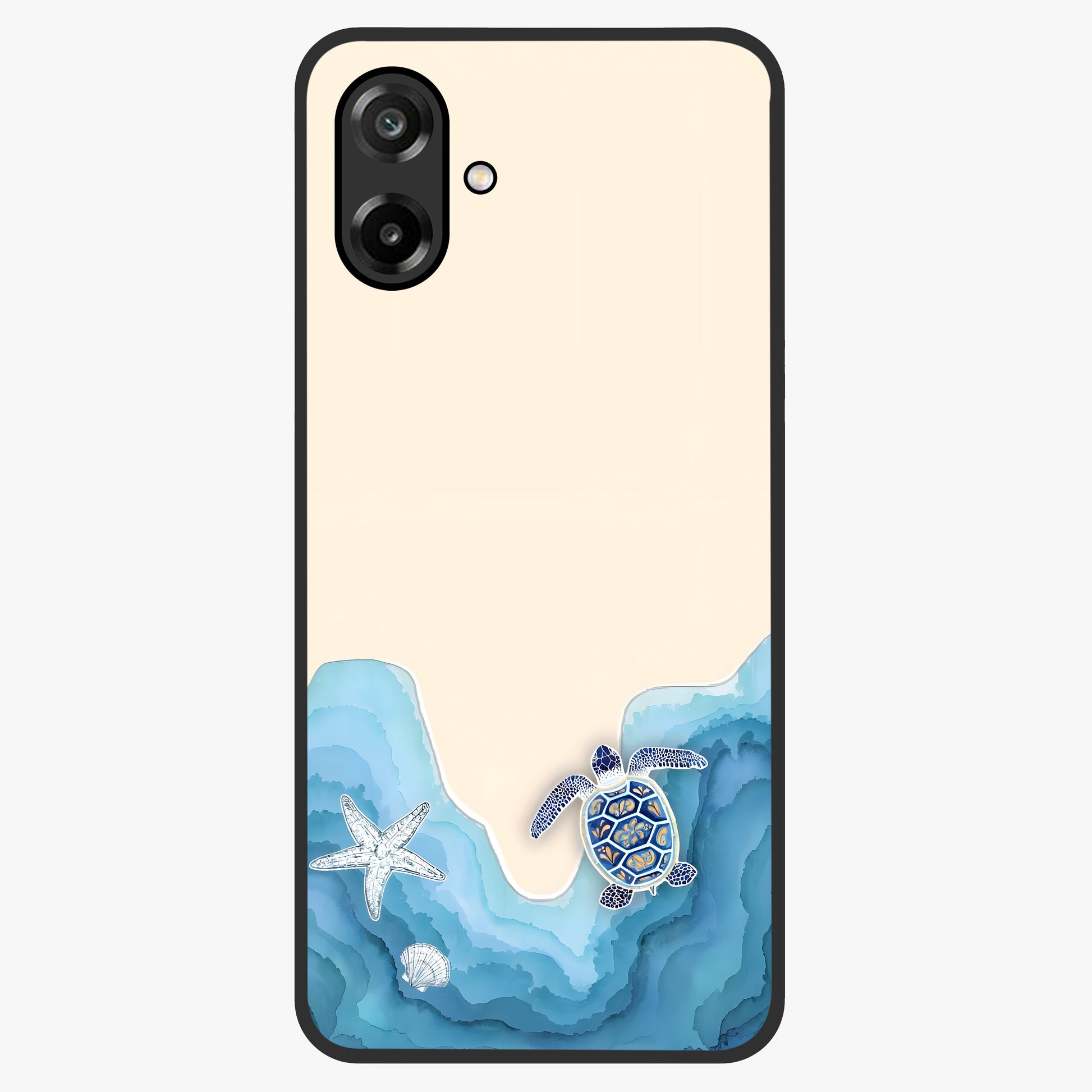 Ocean Drift Turtle Glass Case showing flat back view with sea turtle artwork and glossy glass finish.