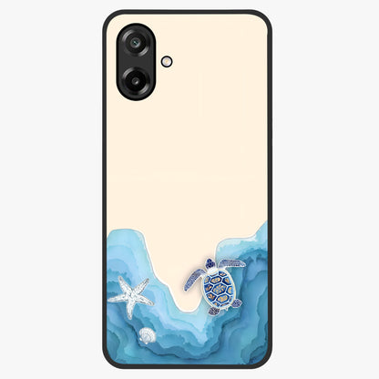 Ocean Drift Turtle Glass Case showing flat back view with sea turtle artwork and glossy glass finish.
