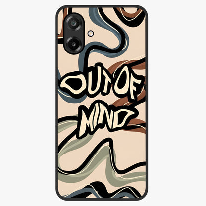 Out Of Mind Glass Case showing flat back view with expressive typography artwork and glossy glass finish.