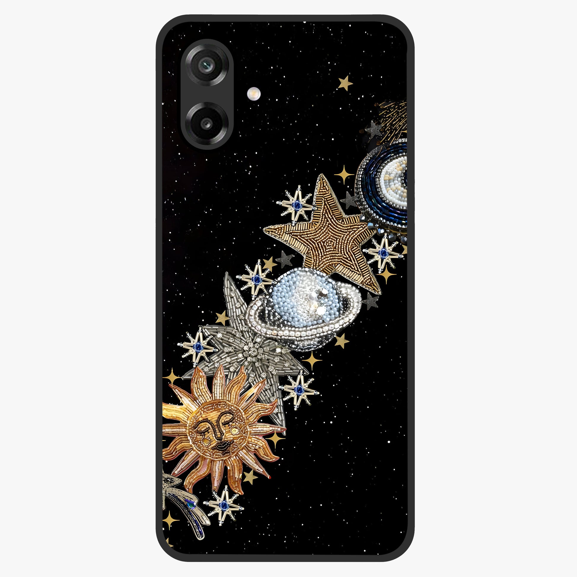 Pearls Universe Object Glass Case showing flat back view with pearl inspired cosmic artwork and glossy glass finish.