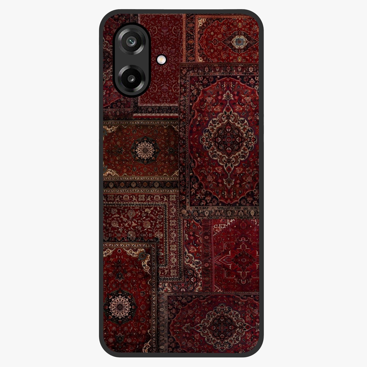 Persian Velvet Tale Glass Case showing flat back view with luxurious Persian velvet pattern artwork and glossy glass finish.
