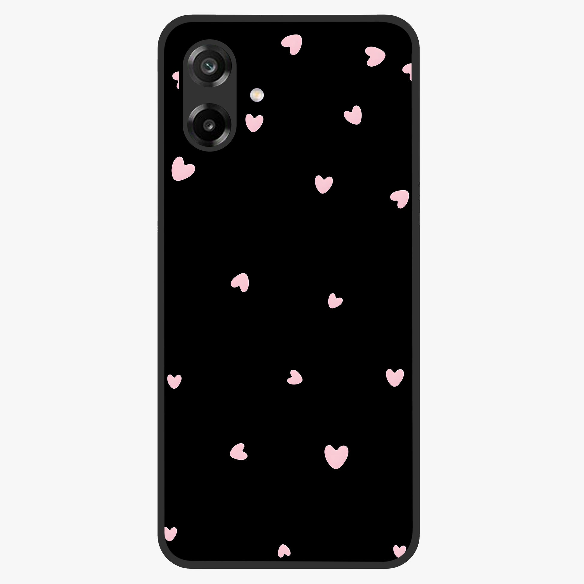 Pink Love Drops Glass Case showing flat back view with playful pink heart drops artwork and glossy glass finish.