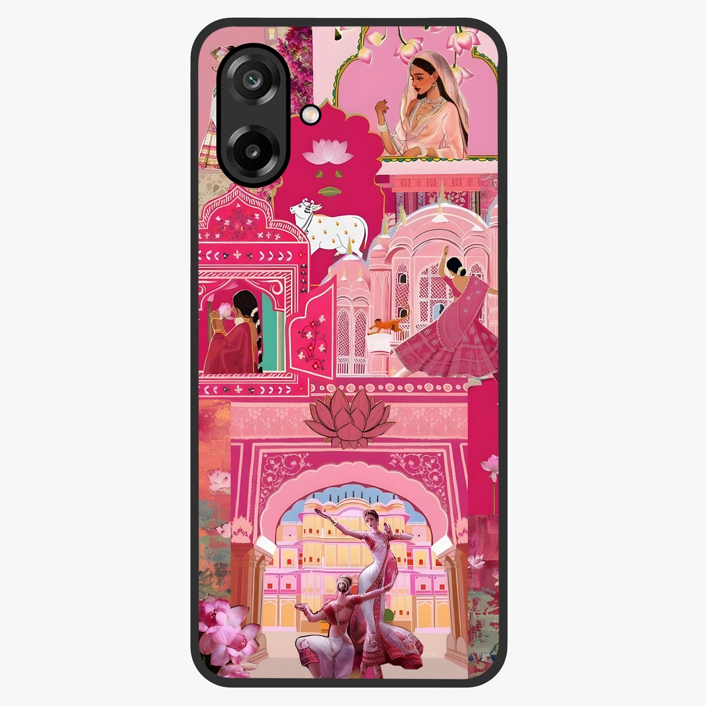 Pink Palace Muse Glass Case showing flat back view with elegant palace inspired artwork and glossy glass finish.