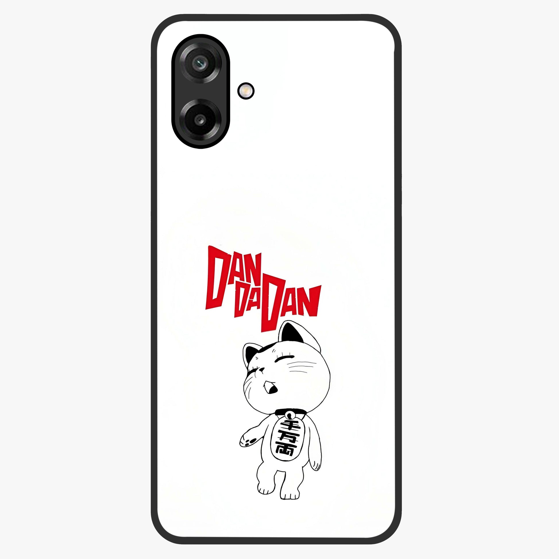 Playful Spirit Charm Glass Case showing flat back view with cheerful charm themed artwork and glossy glass finish.