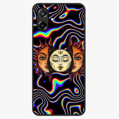 Psychedelic Sun Glass Case showing flat back view with colorful psychedelic sun artwork and glossy glass finish.