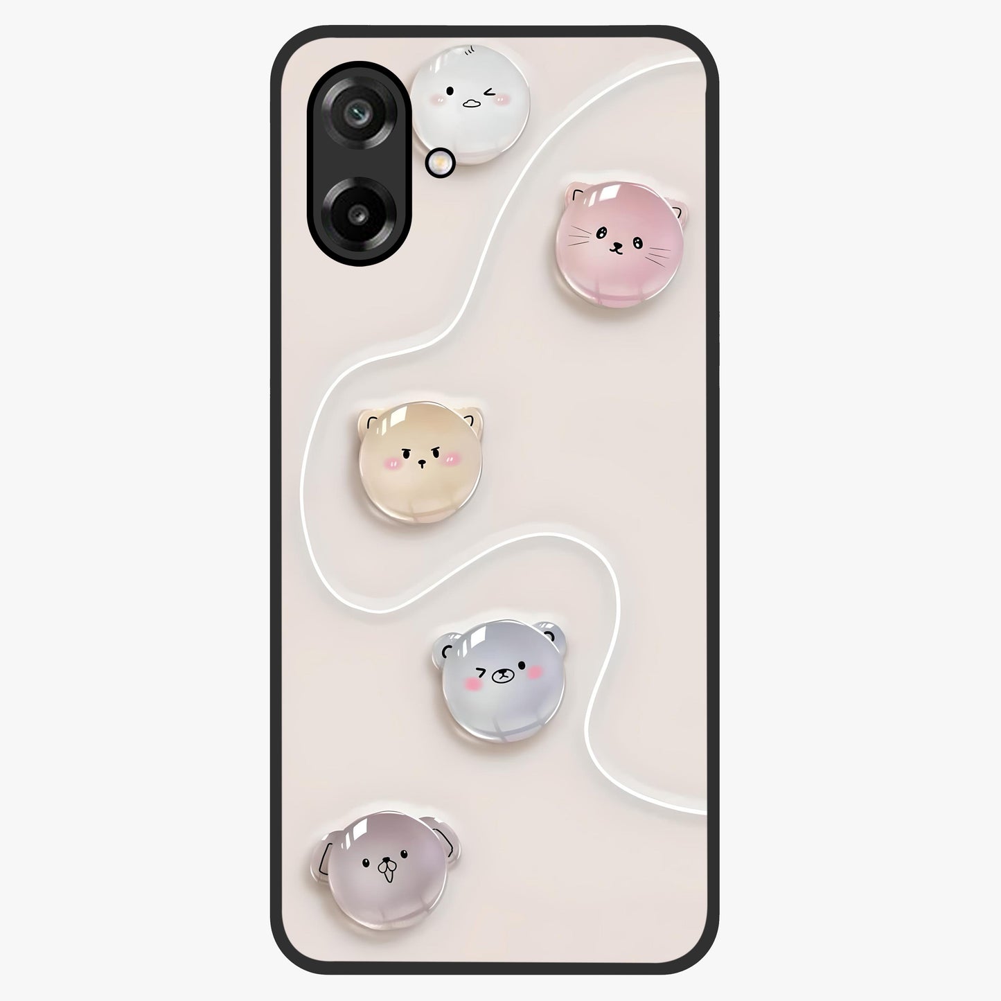 Puffy Face Parade Glass Case showing flat back view with cute puffy character faces artwork and glossy glass finish.