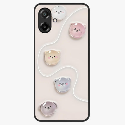 Puffy Face Parade Glass Case showing flat back view with cute puffy character faces artwork and glossy glass finish.