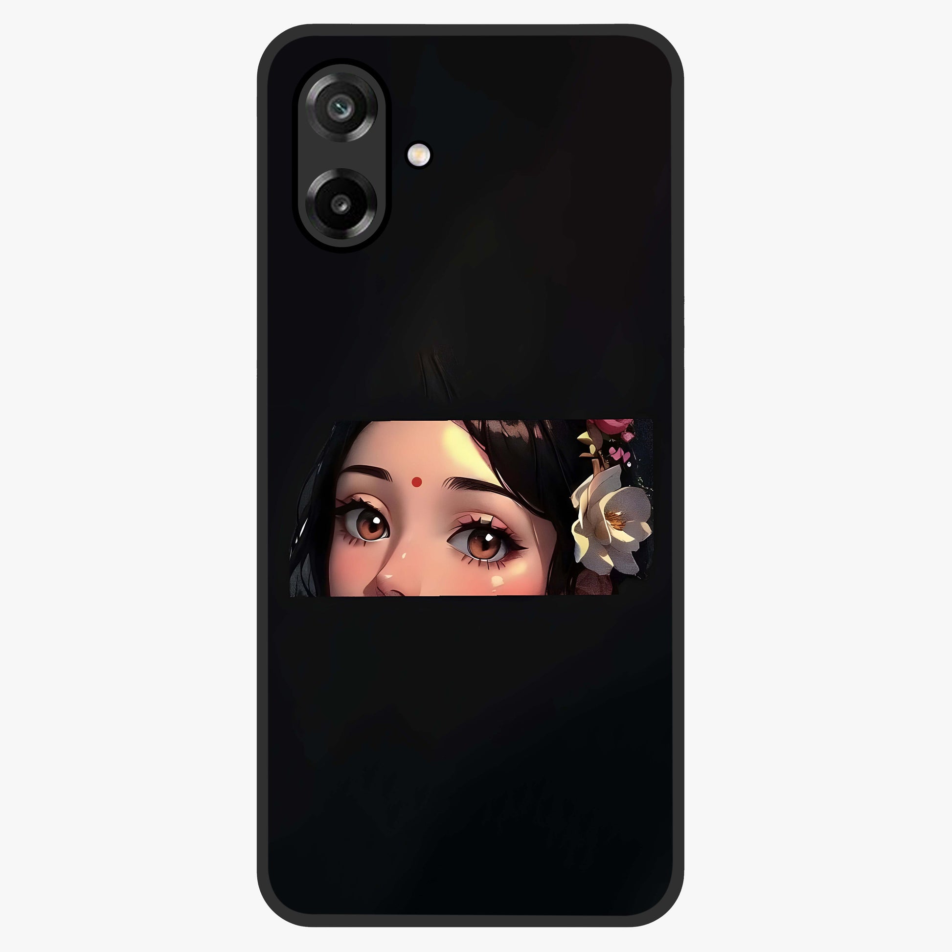 Radha Divine Embrace Glass Case showing flat back view with devotional Radha artwork and glossy glass finish.