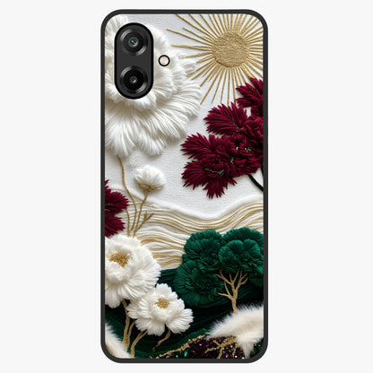 Radiant Bloom Elegance Glass Case showing flat back view with elegant blooming flower artwork and glossy glass finish.