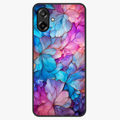Radiant Floral Whirl Glass Case showing flat back view with swirling floral artwork and glossy glass finish.